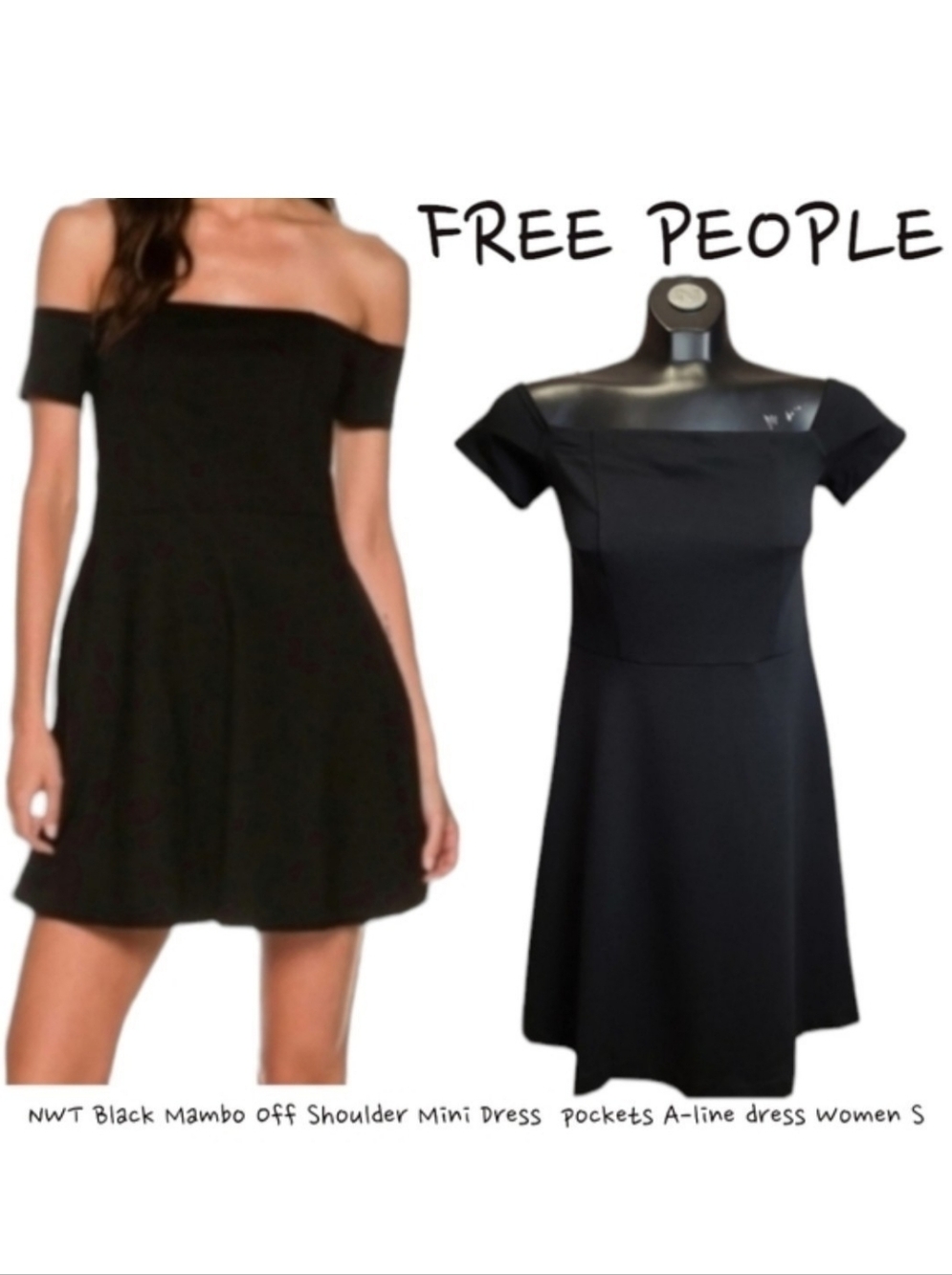 FREE PEOPLE Women Mambo Off Shoulder A-line Mini dress OB49628 Black Pockets S